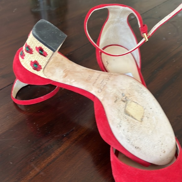 Jimmy Choo straw heel with flowers red suede sandals like new, 2.5’ heel - Picture 5 of 5